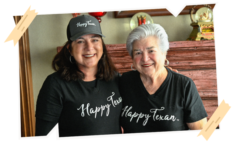 Two women wearing happy happy texan womens t-shirts.