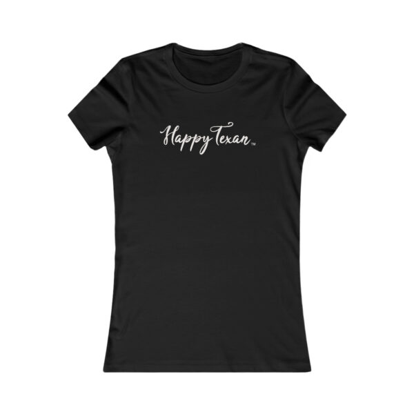 A women 's t-shirt with the words happy face written in white.