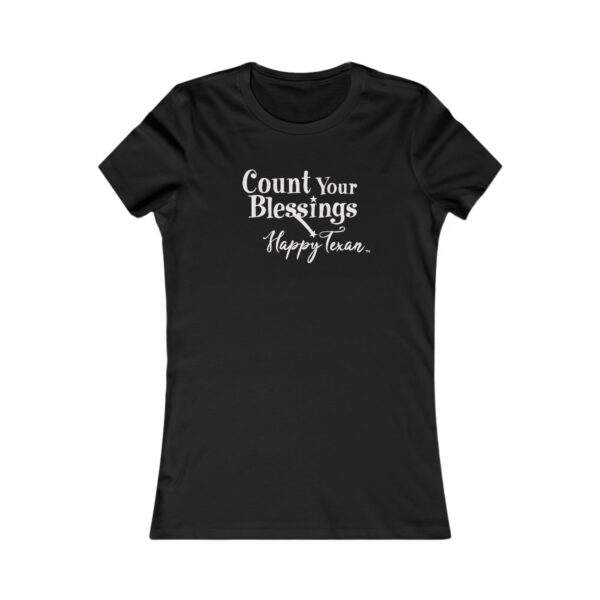 A black t-shirt with the words " count your blessings happy hour ".