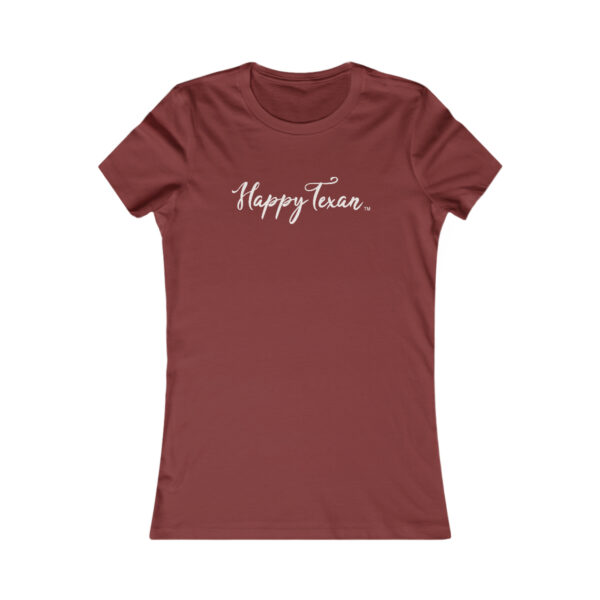 A women 's t-shirt with the words happy face written in white.