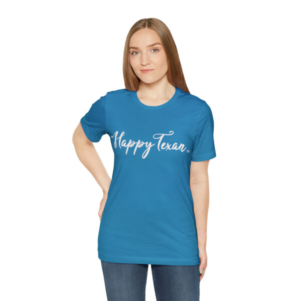 A woman wearing a blue t-shirt with the words " happy hour ".