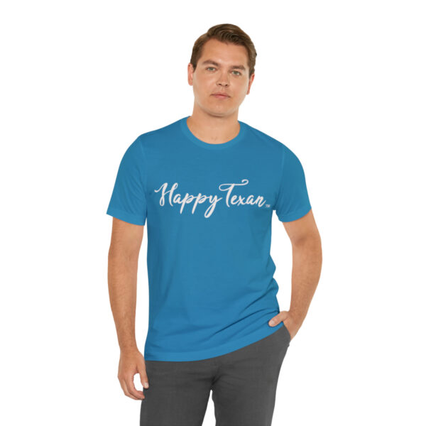 A man wearing a blue t-shirt with the words happy texas written on it.