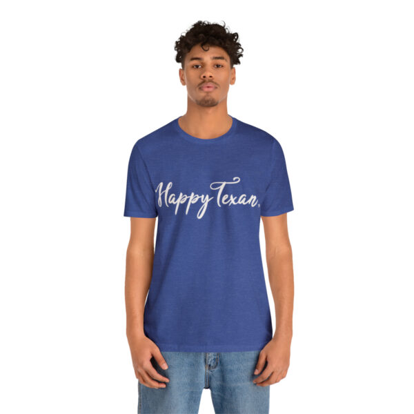 A man wearing a blue t-shirt with the words " happy texas ".