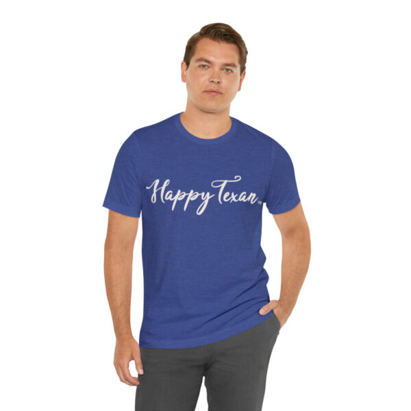 A man wearing a blue t-shirt with the words " happy times ".