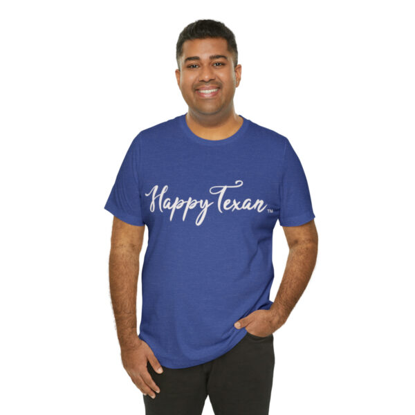 A man wearing a blue t-shirt with the words " happy texas ".