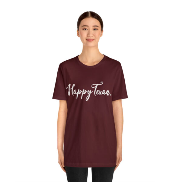 A woman wearing a Bella+Canvas 3001 Womens Jersey Short Sleeve Tee - Happy Texan that says happy tuesday.