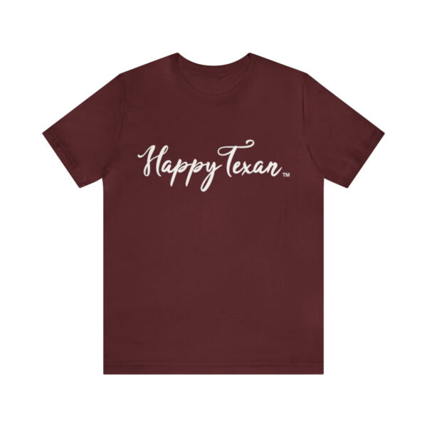 A maroon Bella+Canvas 3001 Womens Jersey Short Sleeve Tee - Happy Texan that says happy tuesday.