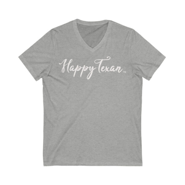 A gray v-neck t-shirt with the words " happy texas ".