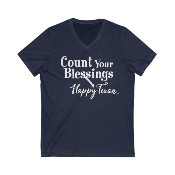 A navy blue t-shirt with the words " count your blessings happy tears ".