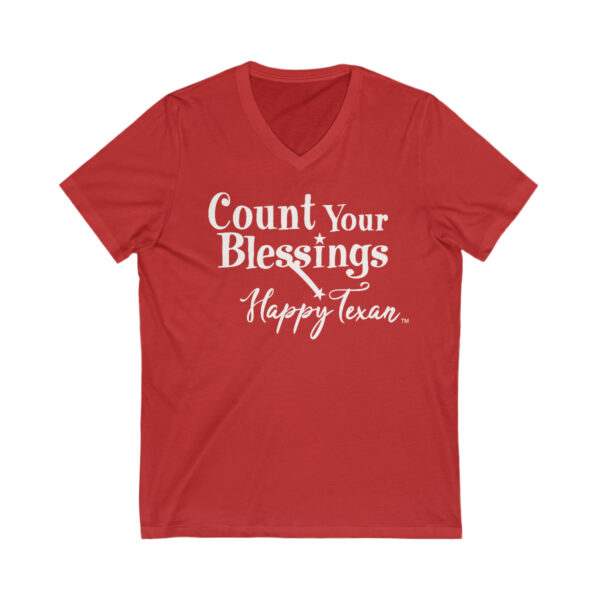 A red t-shirt with the words " count your blessings happy times ".