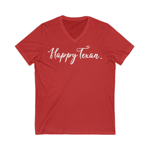 A red v-neck t-shirt with the words " happy texas ".