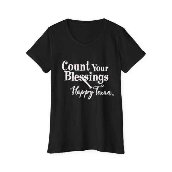 A black t-shirt with the words " count your blessings happy face ".