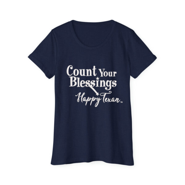 A navy blue t-shirt with the words " count your blessings happy hour ".