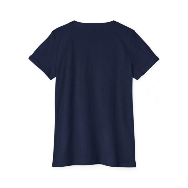 A navy blue t-shirt with an image of the back.