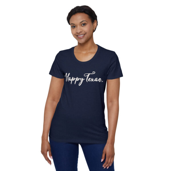 A woman wearing a t-shirt with the words " happy twice ".