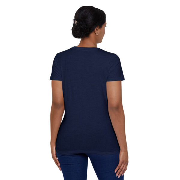 A woman wearing a navy blue t-shirt.