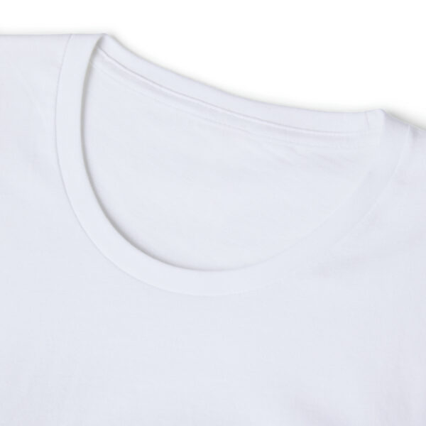 A close up of the neck and sleeve of a white shirt