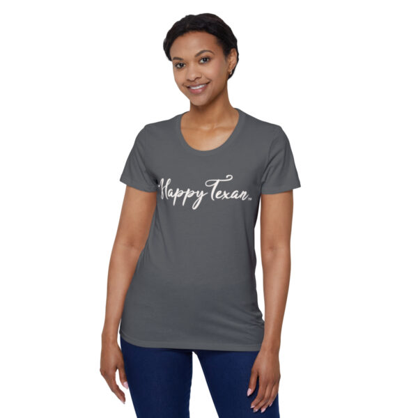 A woman wearing a t-shirt with the words " happy twice ".