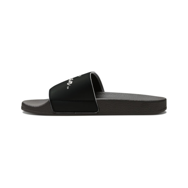 The Men's PU Slide Sandals Black Happy Texan are on a white background.