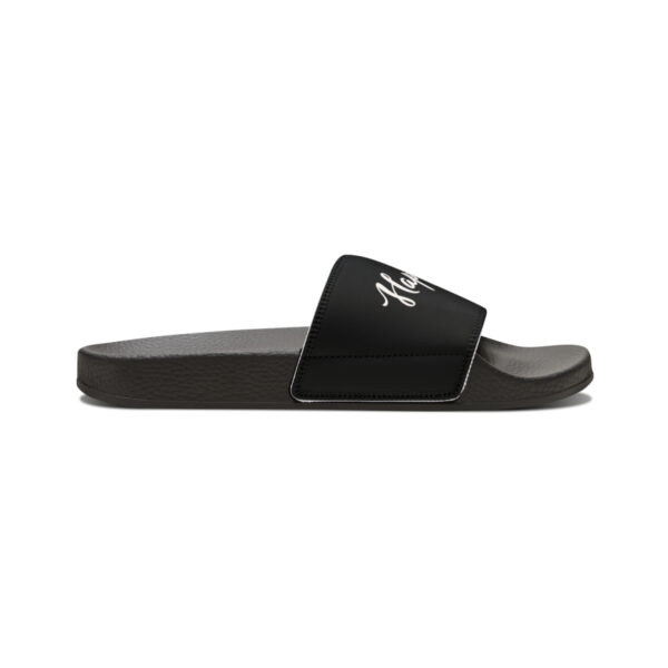 A pair of black slides with the word " marilyn ".