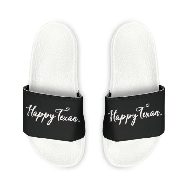 A pair of black and white slides with the words " happy tears ".