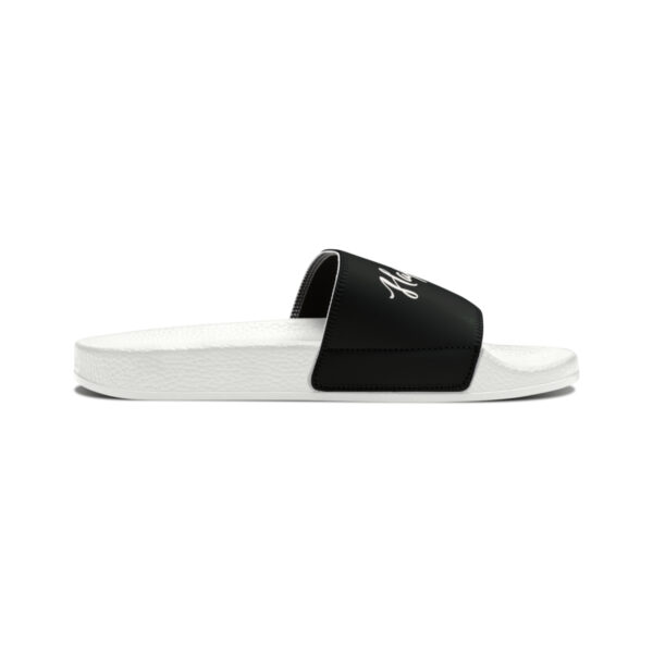 A pair of black and white slides on top of a white background.