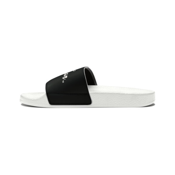 A pair of black and white slides on top of a white background.