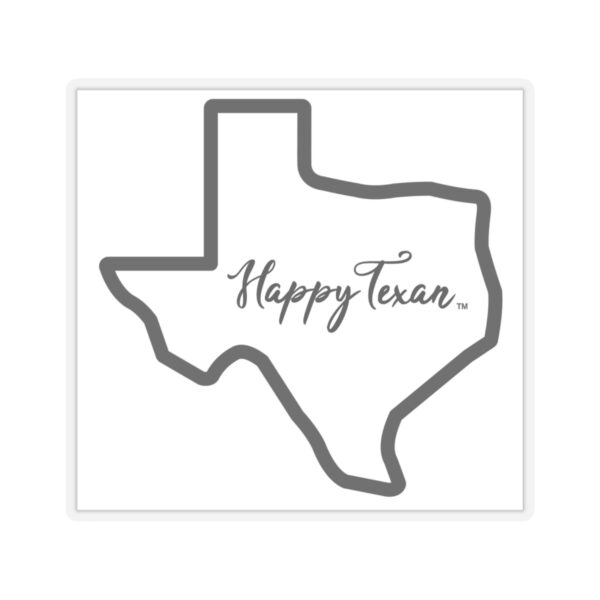 A white texas shaped sticker with the words " happy texan ".