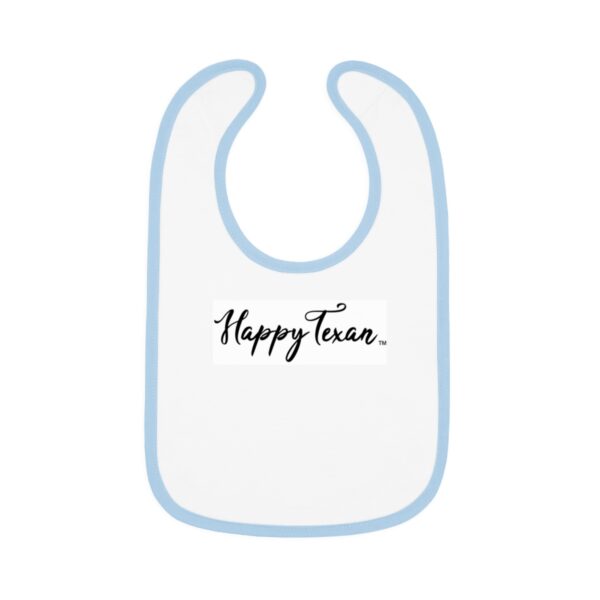 A white bib with blue trim and the words " happy texas ".