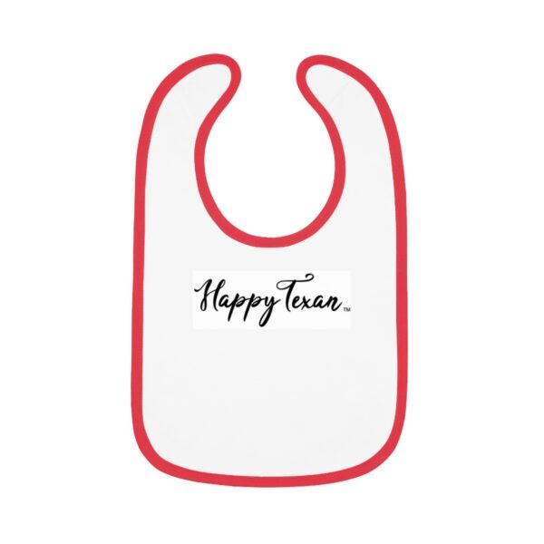 A red and white bib with the words " happy texas ".