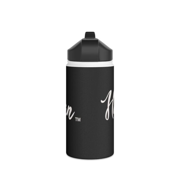 A black water bottle with the word " love " written on it.