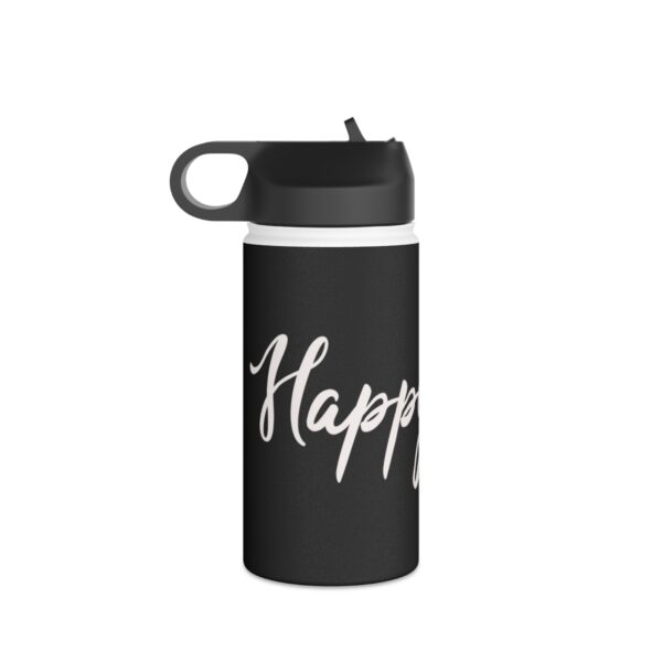 A black water bottle with the word " happy ".