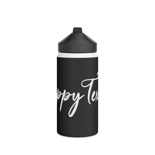 A black water bottle with the words happy tuesday written on it.