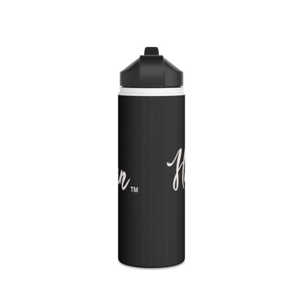 A black water bottle with a white logo.