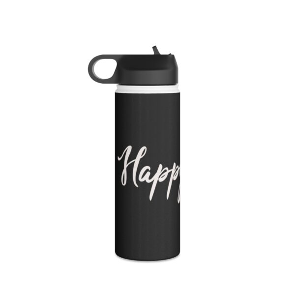 A black water bottle with the word " happy ".