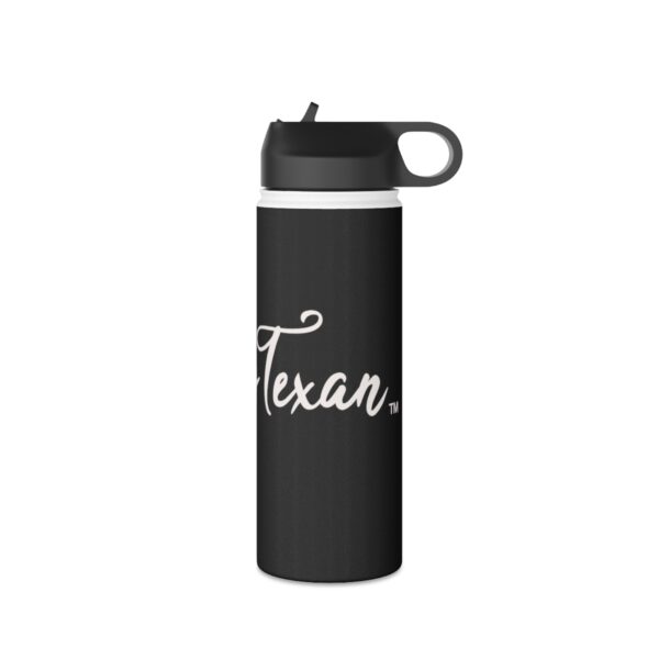 A black water bottle with the word texan written on it.