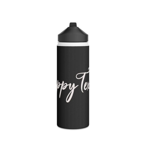 A black water bottle with the words happy tears written on it.