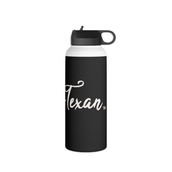 A black and white water bottle with the word " texan ".