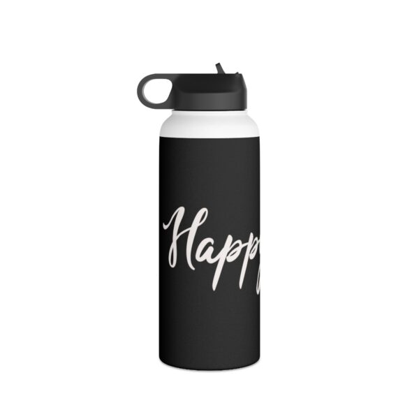 A black and white water bottle with the word " happy ".