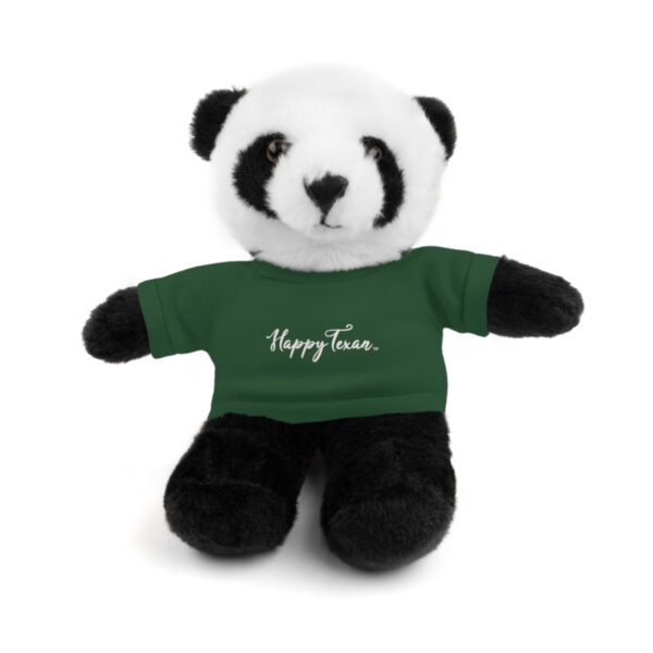 A stuffed panda bear wearing a green shirt.