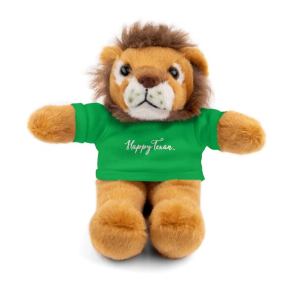 A stuffed lion with a green shirt on it's chest.