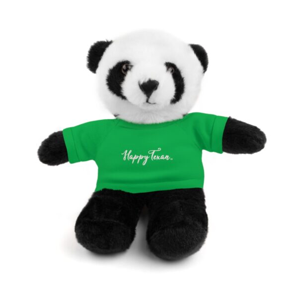 A stuffed panda bear wearing a green shirt.