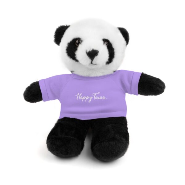 A stuffed panda bear wearing a purple shirt.