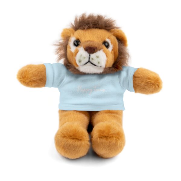 A stuffed lion with a blue shirt on it's head.