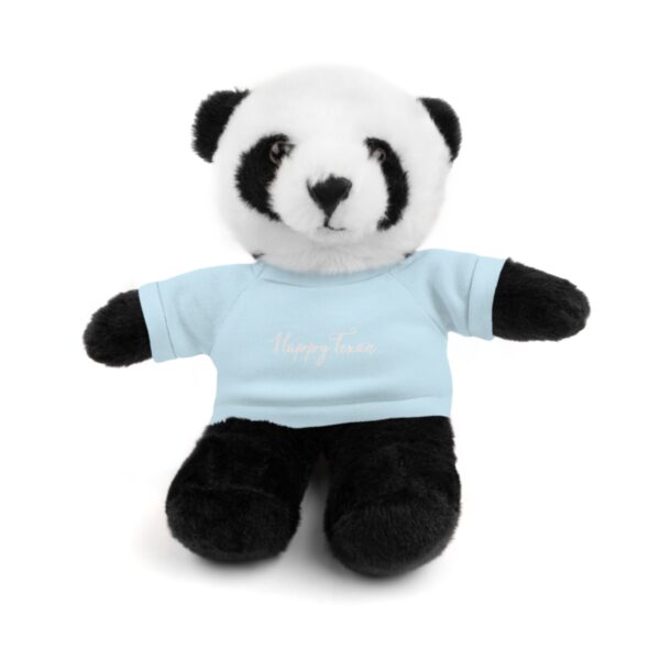 A stuffed panda bear wearing a blue shirt.