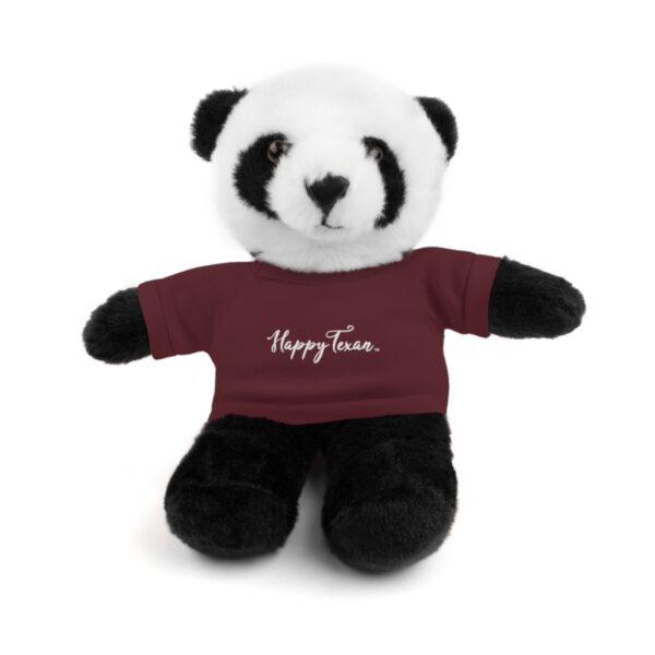 A stuffed panda bear wearing a t-shirt with the words " happy time ".