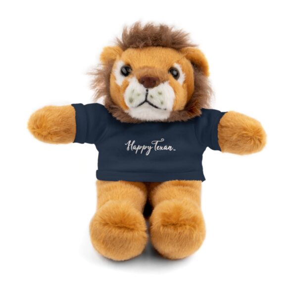 A stuffed lion wearing a t-shirt with the words " happy tears ".