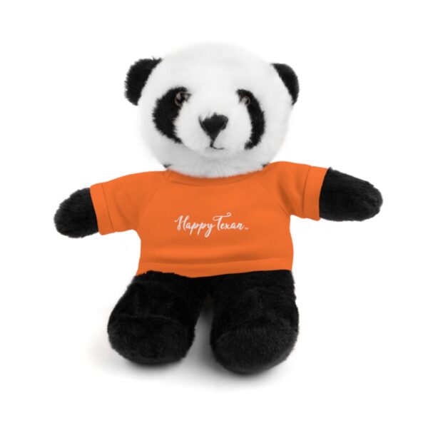 A stuffed panda bear wearing an orange shirt.