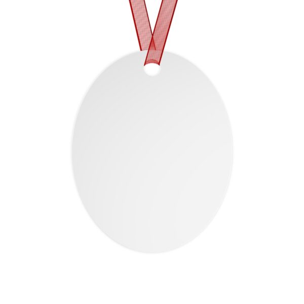 A white oval shaped ornament with a pink ribbon.