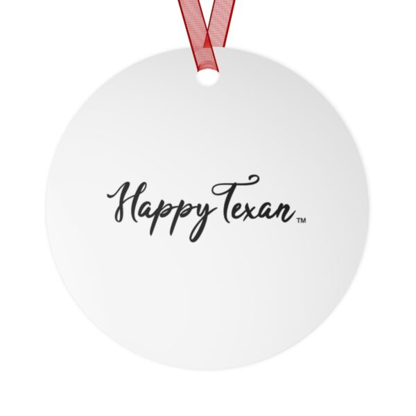 A round ornament with the words " happy texas ".